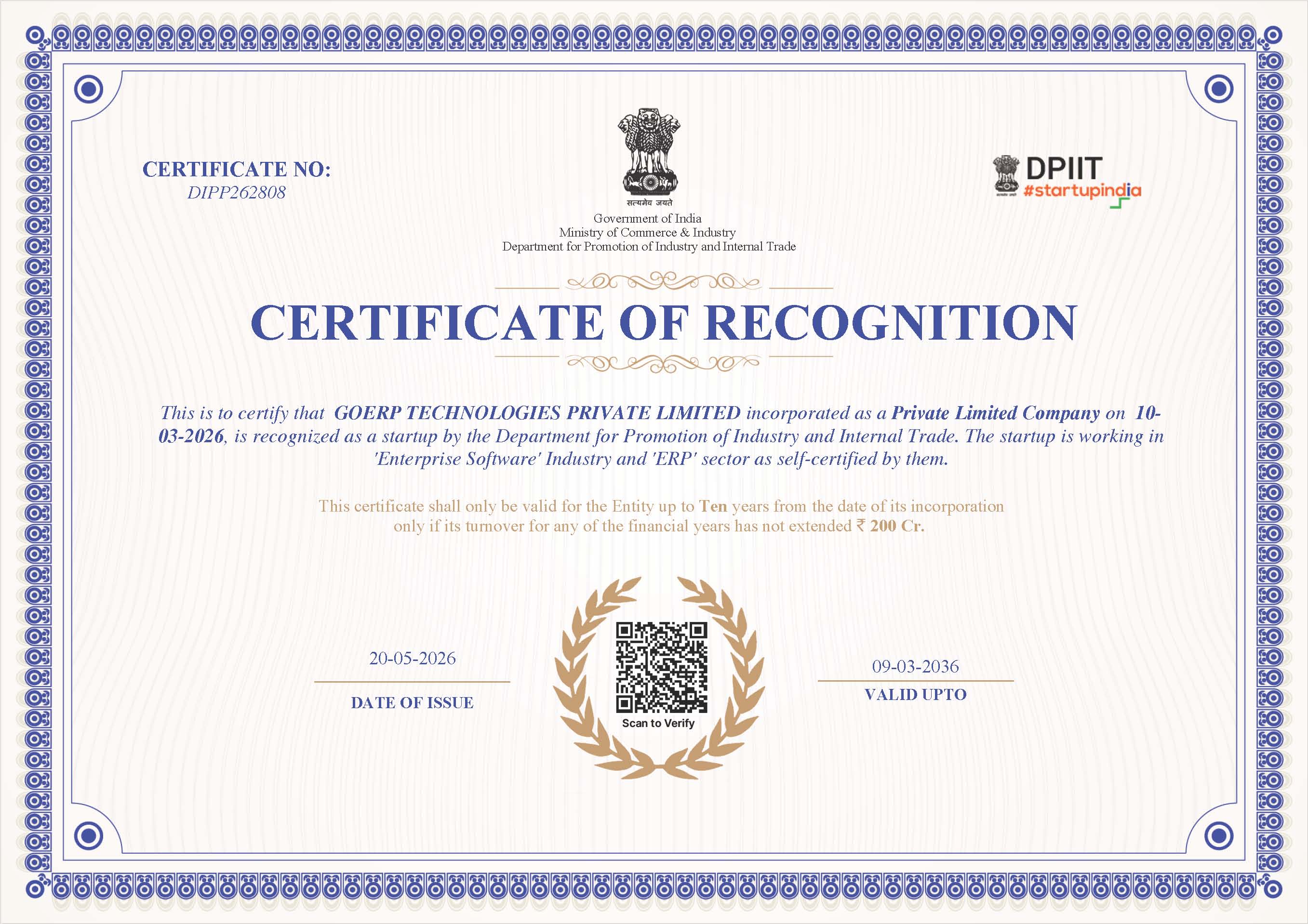 Startup India Certificate – GoERP.live DPIIT Recognition